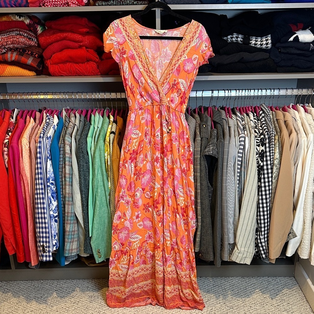 BeBop Orange/pink floral v neck short sleeve elastic waistband maxi dress size S